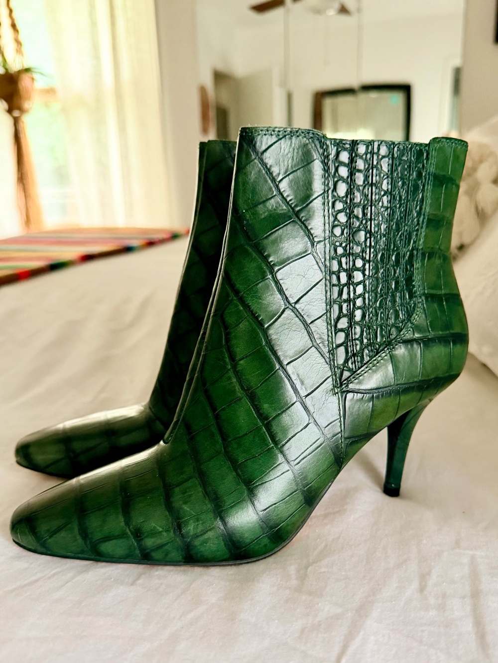 Vince Camuto Green Croc Embossed Leather Pointed Toe Ankle Boots